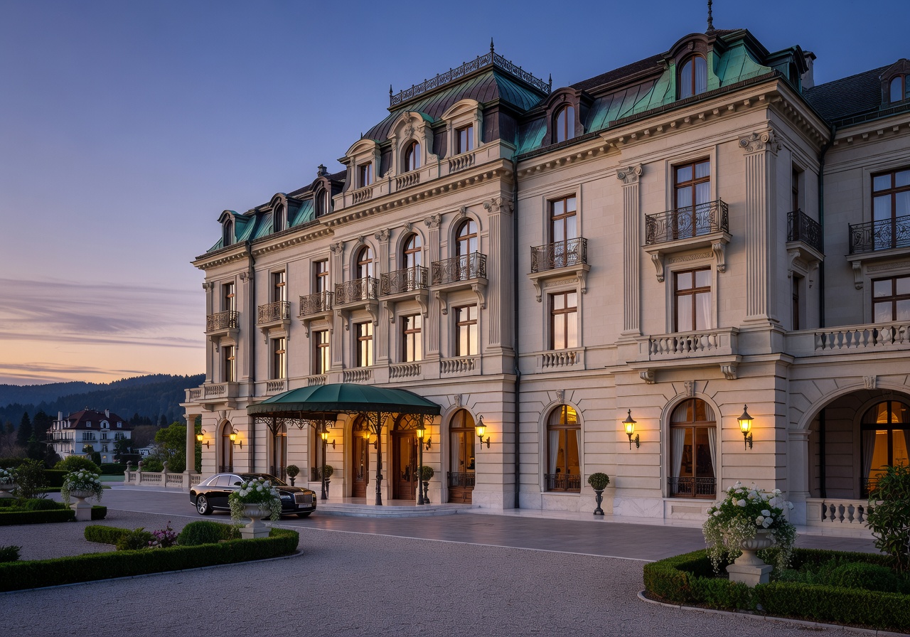 Luxurious hotel facade in Baden-Baden at dusk
