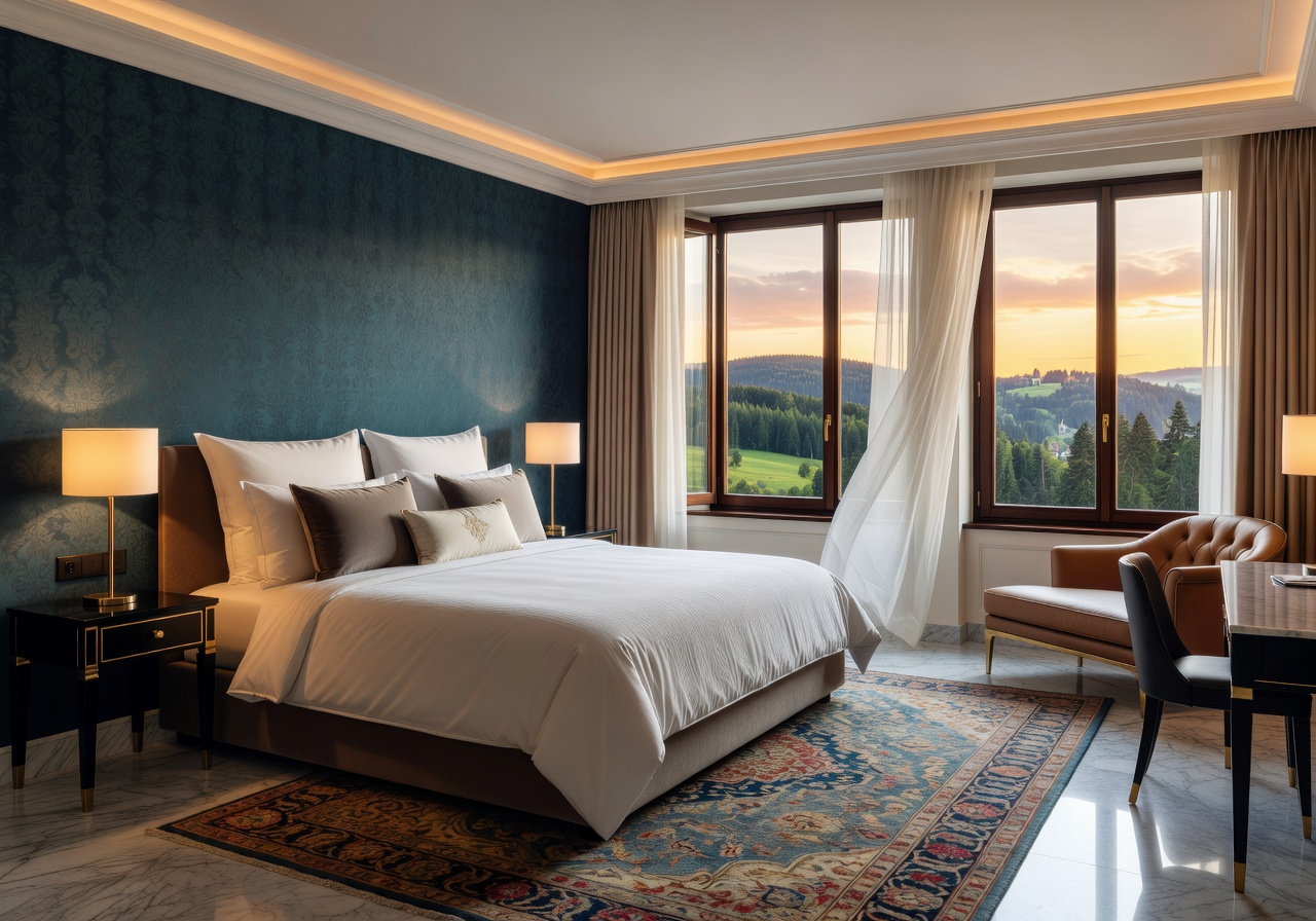 Elegant luxury hotel room interior with a king bed and large windows