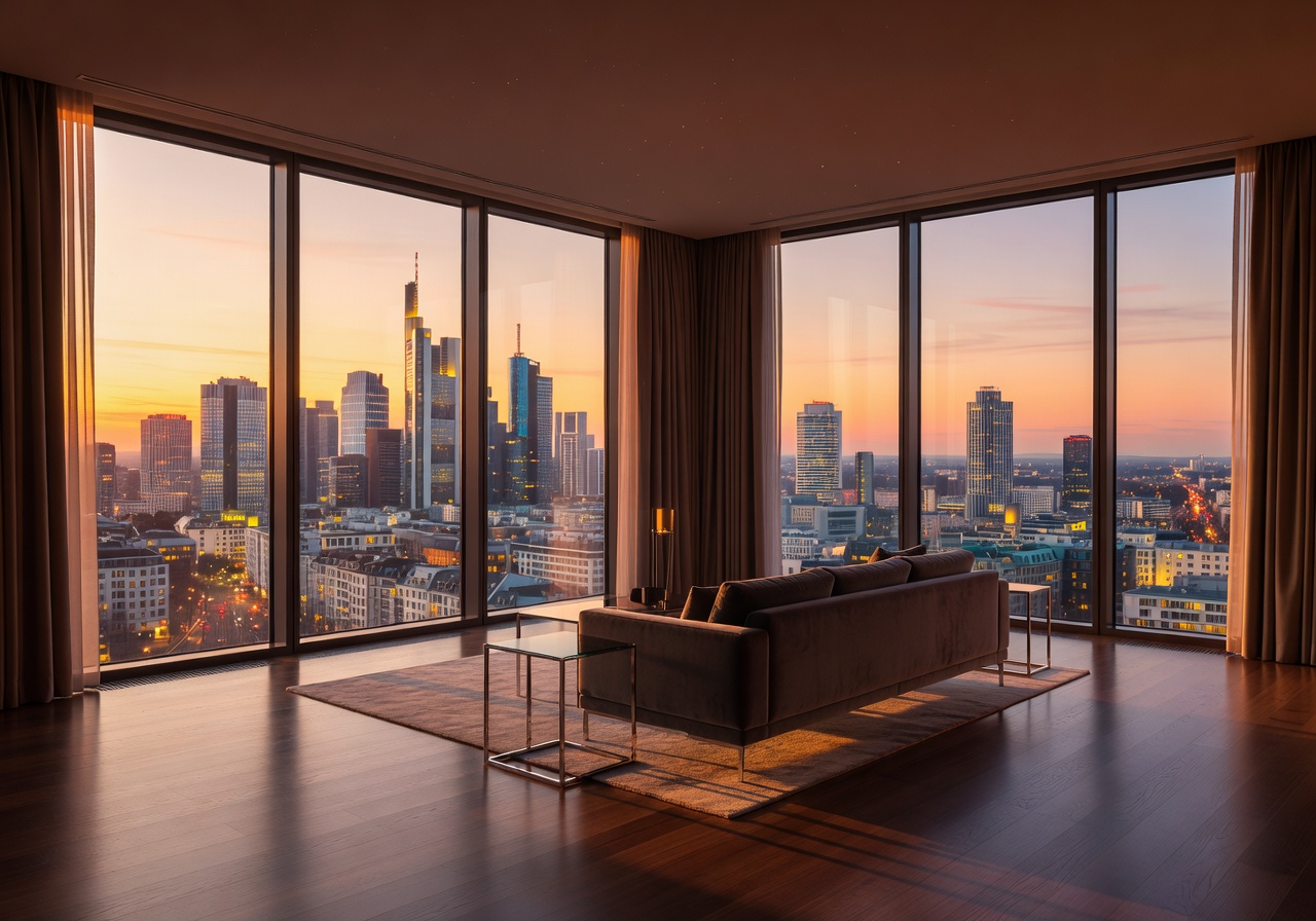 High-rise hotel suite overlooking the Frankfurt skyline