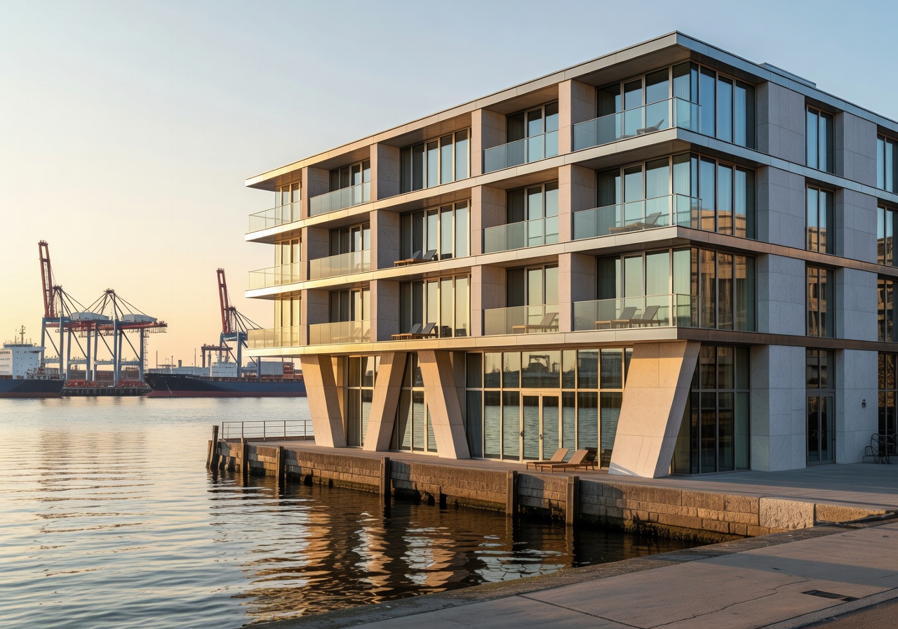 Contemporary luxury hotel overlooking the Hamburg harbor