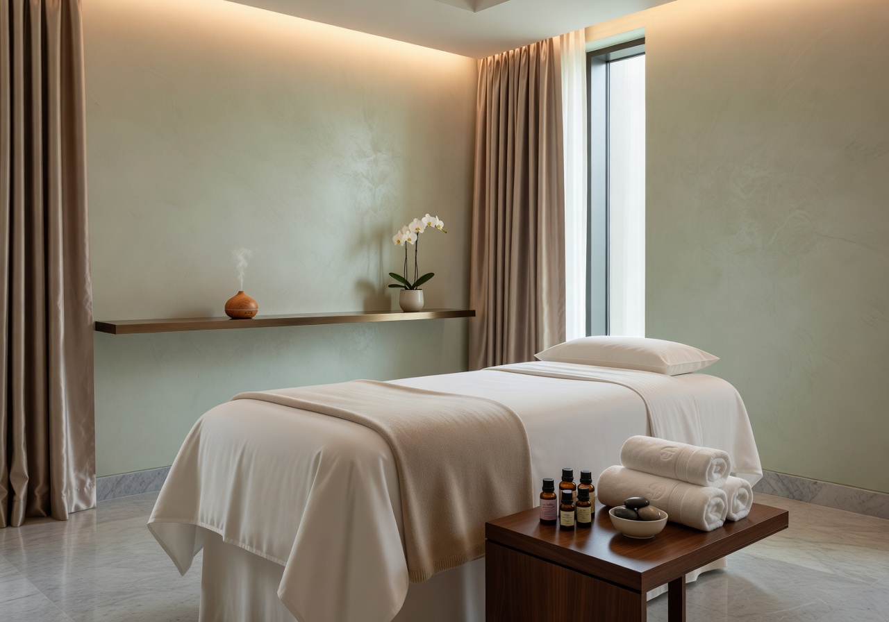 Calm and luxurious massage treatment room in a high-end wellness hotel