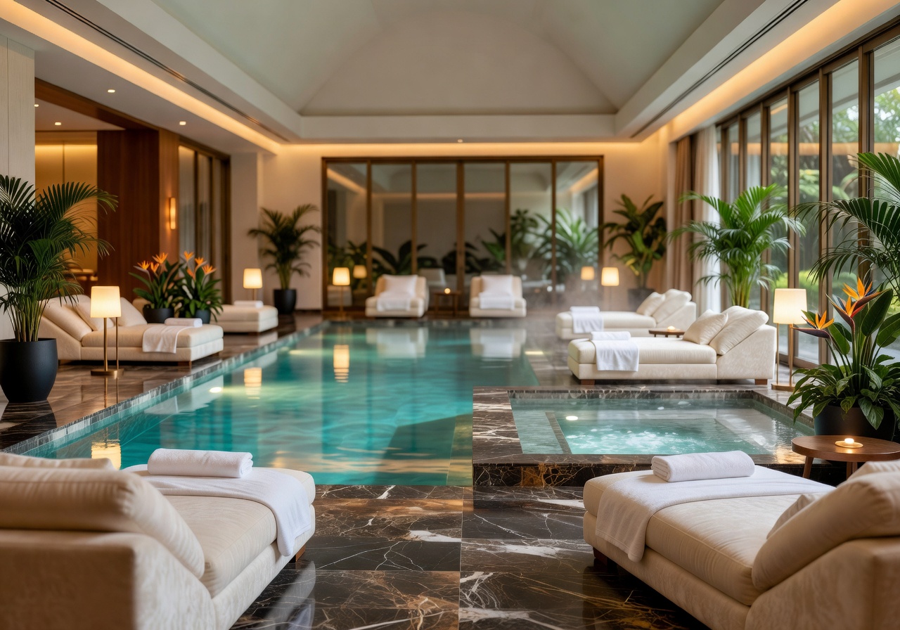 Tranquil indoor heated pool and spa relaxation area in a luxury hotel